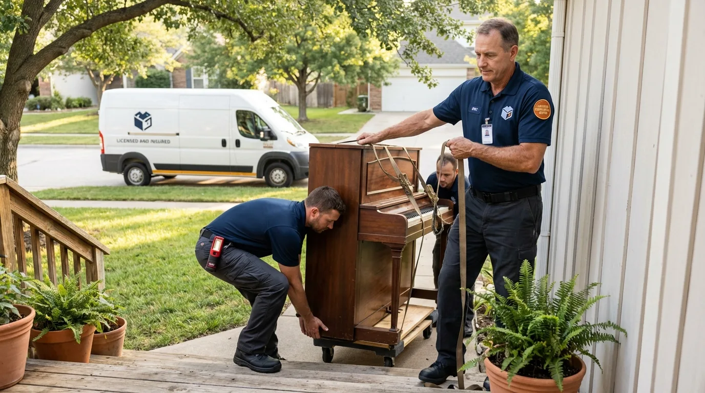 Licensed piano movers securing grand piano in Amagansett, NY