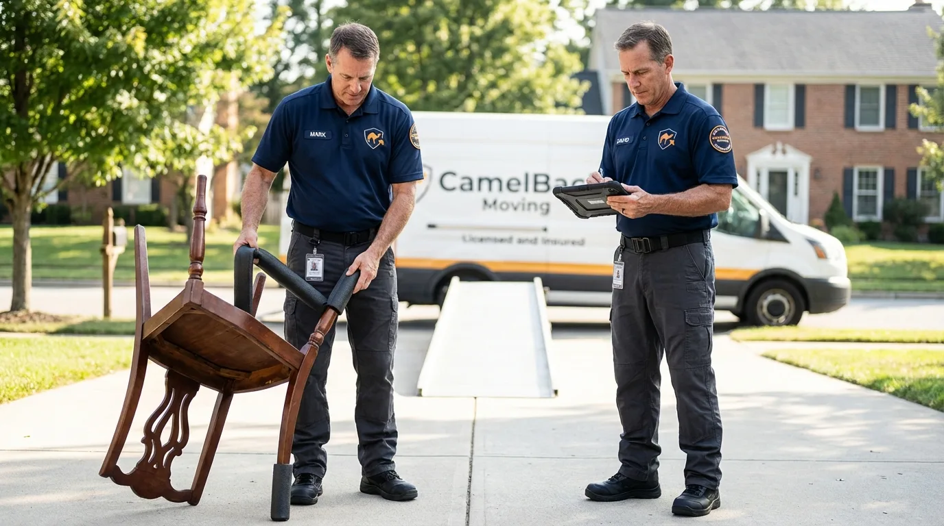 Movers inspecting furniture for damage prevention before loading in Amagansett, NY