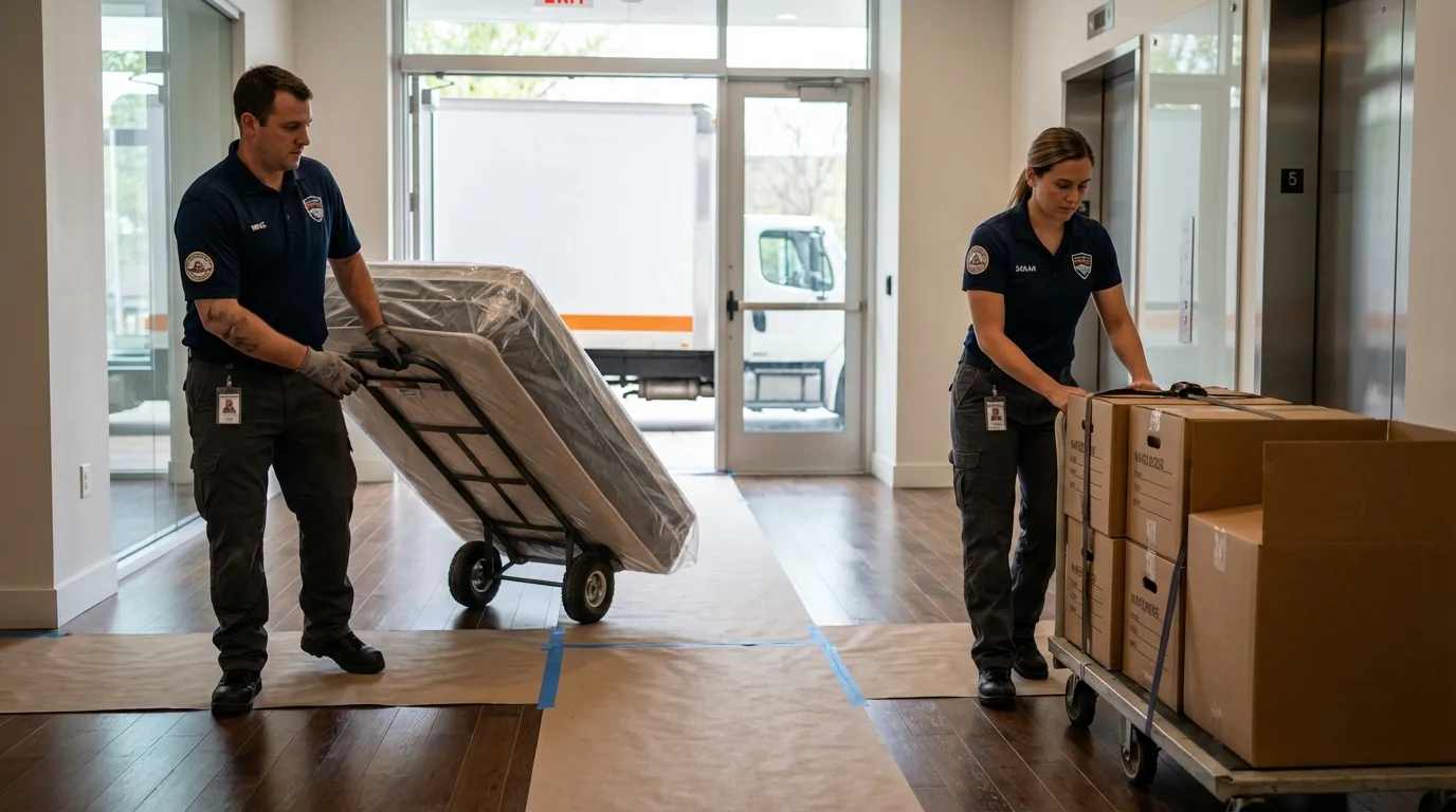 Professional apartment movers loading elevator in Amagansett, NY