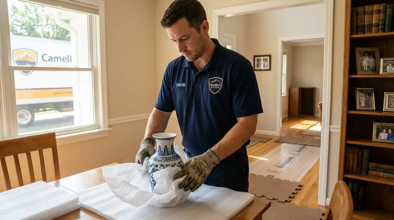 Professional crew carefully wrapping antique vase for senior downsizing move in Amagansett, NY