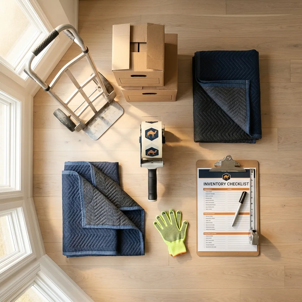Professional moving supplies and packing materials layout for Amagansett residential relocations